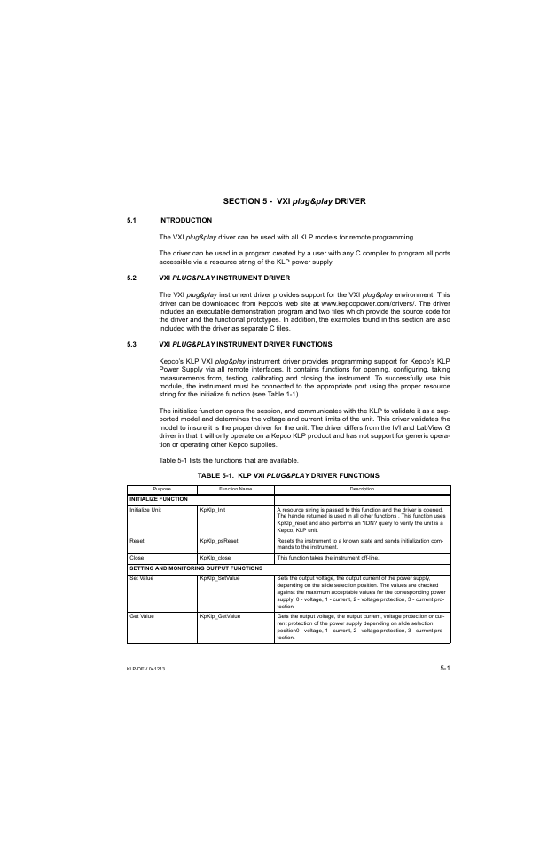 Section 5 - vxi plug&play driver, 1 introduction, 2 vxi plug&play instrument driver | 3 vxi plug&play instrument driver functions, Table 5-1. klp vxi plug&play driver functions, Ion 5) | KEPCO KLP Series Developers Guide, Rev 3 User Manual | Page 63 / 132