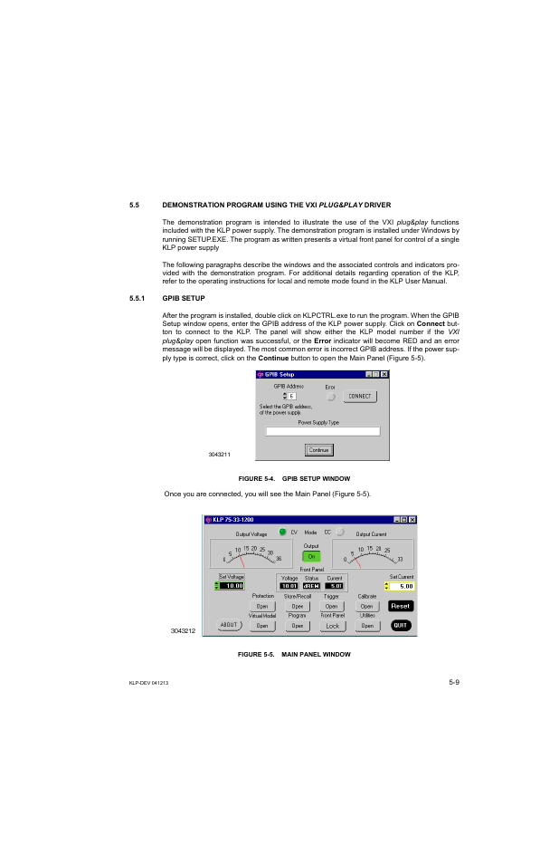 1 gpib setup, Figure 5-4. gpib setup window, Figure 5-5. main panel window | KEPCO KLP Series Developers Guide, Rev 3 User Manual | Page 71 / 132