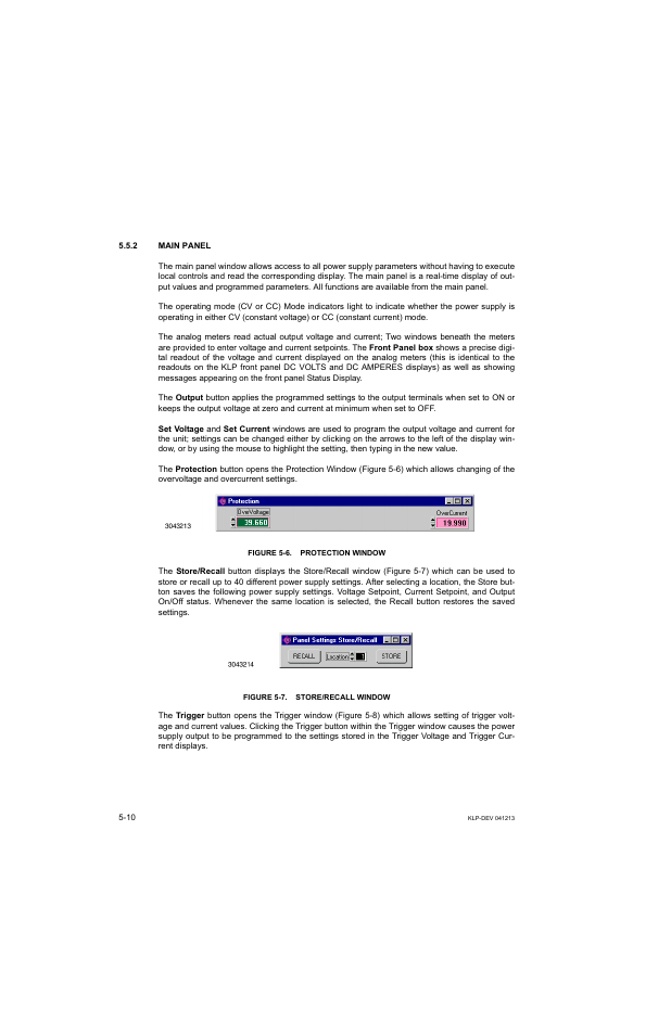2 main panel, Figure 5-6. protection window, Figure 5-7. store/recall window | KEPCO KLP Series Developers Guide, Rev 3 User Manual | Page 72 / 132