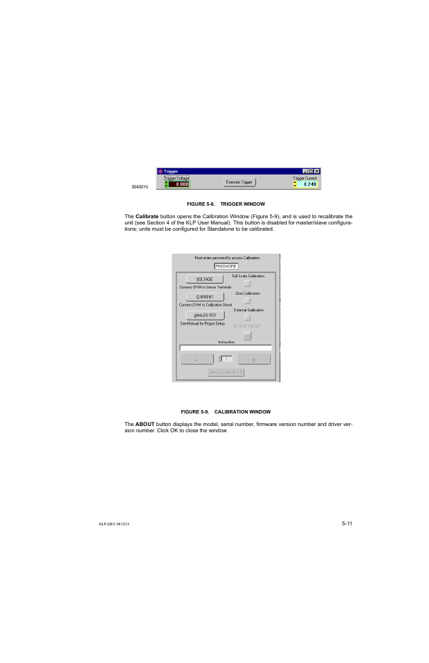 Figure 5-8. trigger window, Figure 5-9. calibration window | KEPCO KLP Series Developers Guide, Rev 3 User Manual | Page 73 / 132