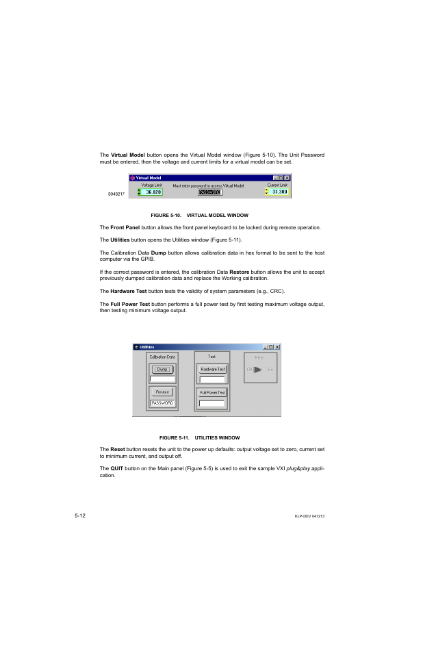 Figure 5-10. virtual model window, Figure 5-11. utilities window | KEPCO KLP Series Developers Guide, Rev 3 User Manual | Page 74 / 132