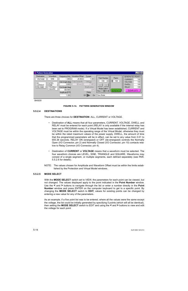 Figure 5-14. pattern generation window, 4 destinations, 5 mode select | E 5-14) ca | KEPCO KLP Series Developers Guide, Rev 3 User Manual | Page 76 / 132
