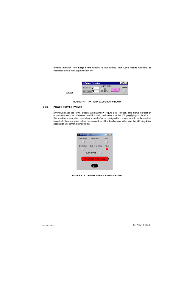 Figure 5-15. pattern execution window, 3 power supply events, Figure 5-16. power supply event window | KEPCO KLP Series Developers Guide, Rev 3 User Manual | Page 79 / 132