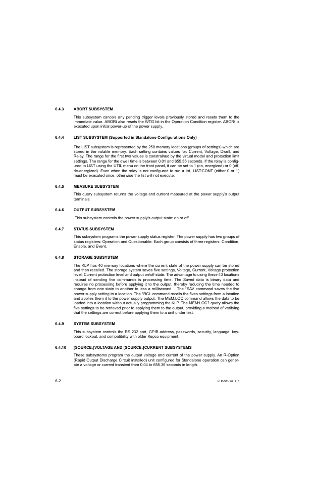 3 abort subsystem, 4 list subsystem, 5 measure subsystem | 6 output subsystem, 7 status subsystem, 8 storage subsystem, 9 system subsystem | KEPCO KLP Series Developers Guide, Rev 3 User Manual | Page 82 / 132