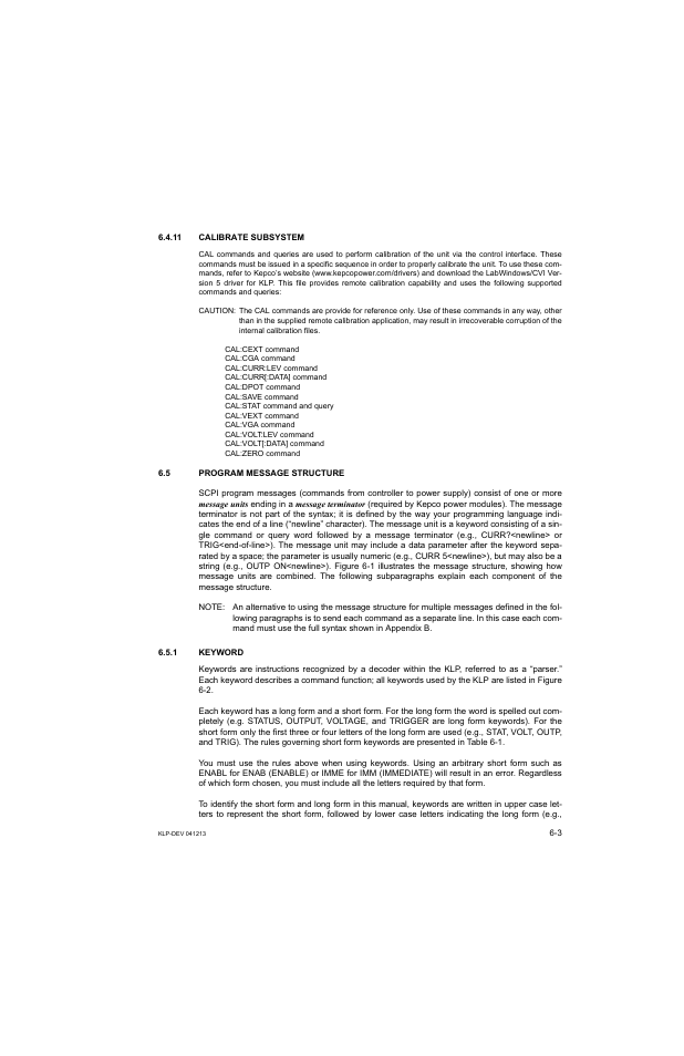 11 calibrate subsystem, 5 program message structure, 1 keyword | KEPCO KLP Series Developers Guide, Rev 3 User Manual | Page 83 / 132