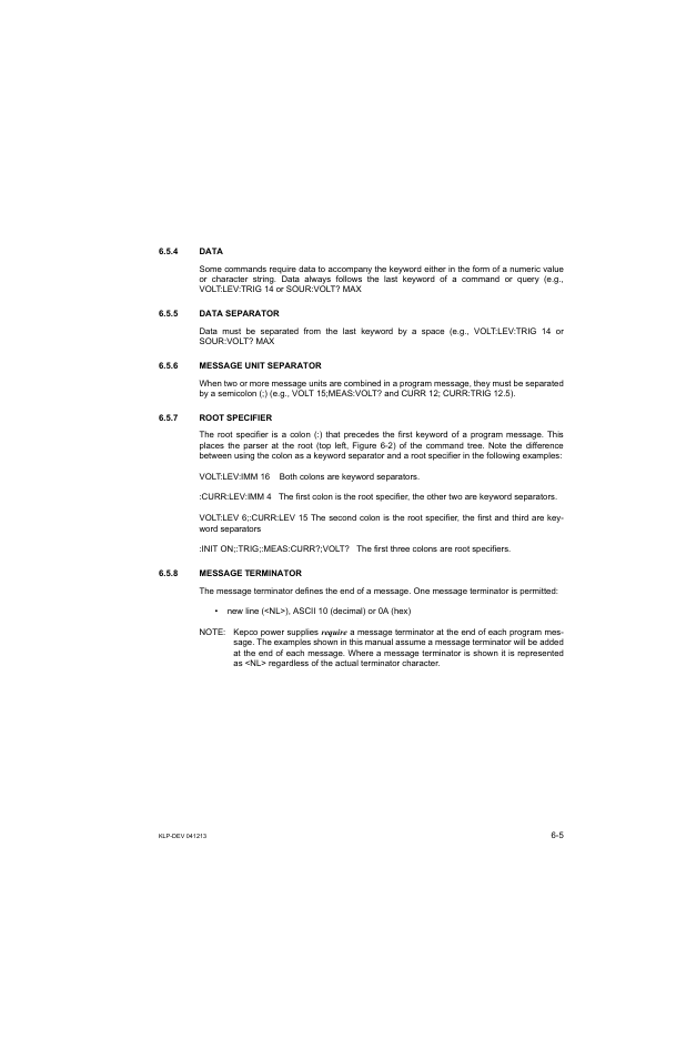 4 data, 5 data separator, 6 message unit separator | 7 root specifier, 8 message terminator | KEPCO KLP Series Developers Guide, Rev 3 User Manual | Page 85 / 132