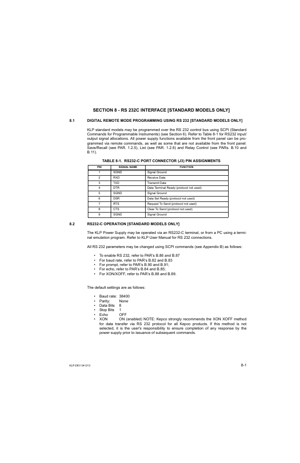 2 rs232-c operation [standard models only, N 8) | KEPCO KLP Series Developers Guide, Rev 3 User Manual | Page 95 / 132