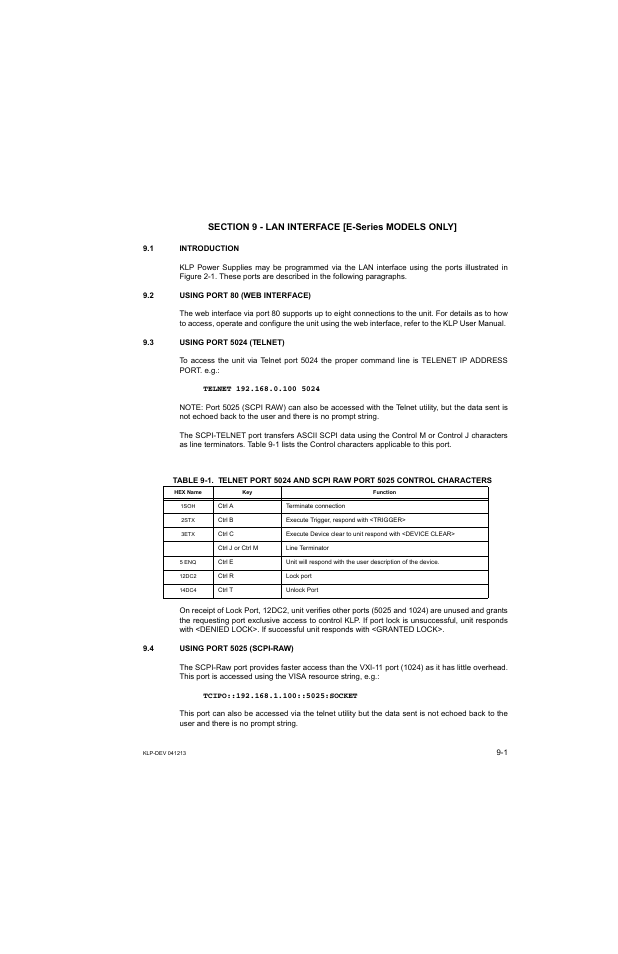 Section 9 - lan interface [e-series models only, 1 introduction, 2 using port 80 (web interface) | 3 using port 5024 (telnet), 4 using port 5025 (scpi-raw), N 9) | KEPCO KLP Series Developers Guide, Rev 3 User Manual | Page 99 / 132