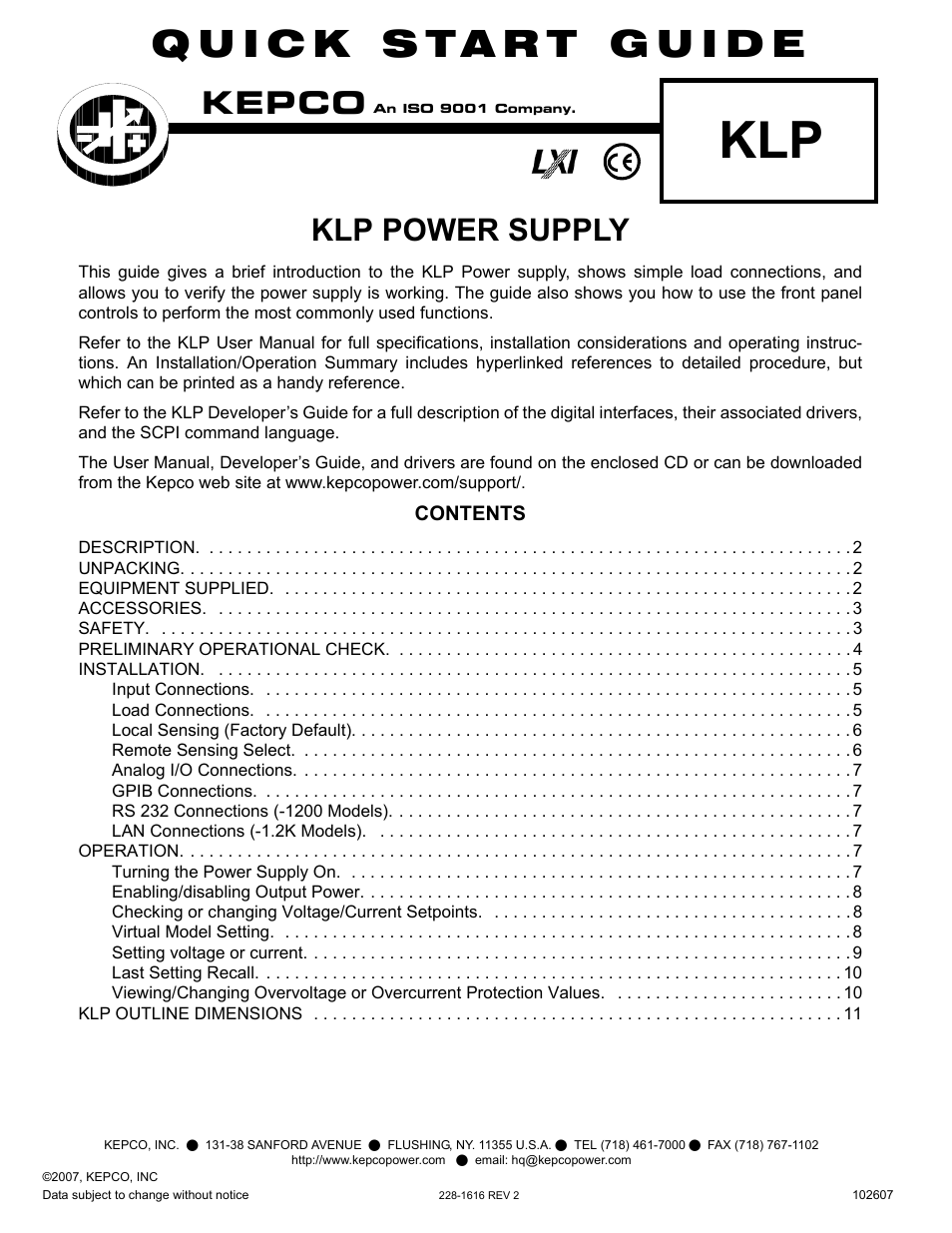 KEPCO KLP Series Quick Start Guide, P/N 228-1616, Rev 2 User Manual | 16 pages