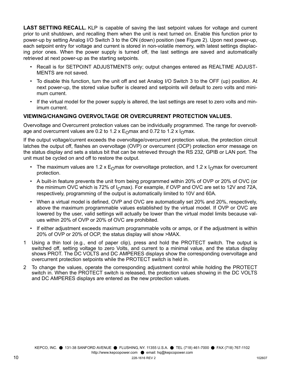Last setting recall | KEPCO KLP Series Quick Start Guide, P/N 228-1616, Rev 2 User Manual | Page 10 / 16
