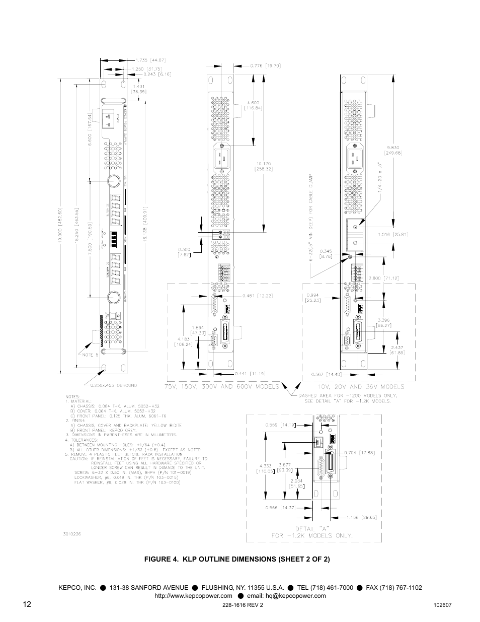 Figure 4. klp outline dimensions (sheet 2 of 2) | KEPCO KLP Series Quick Start Guide, P/N 228-1616, Rev 2 User Manual | Page 12 / 16