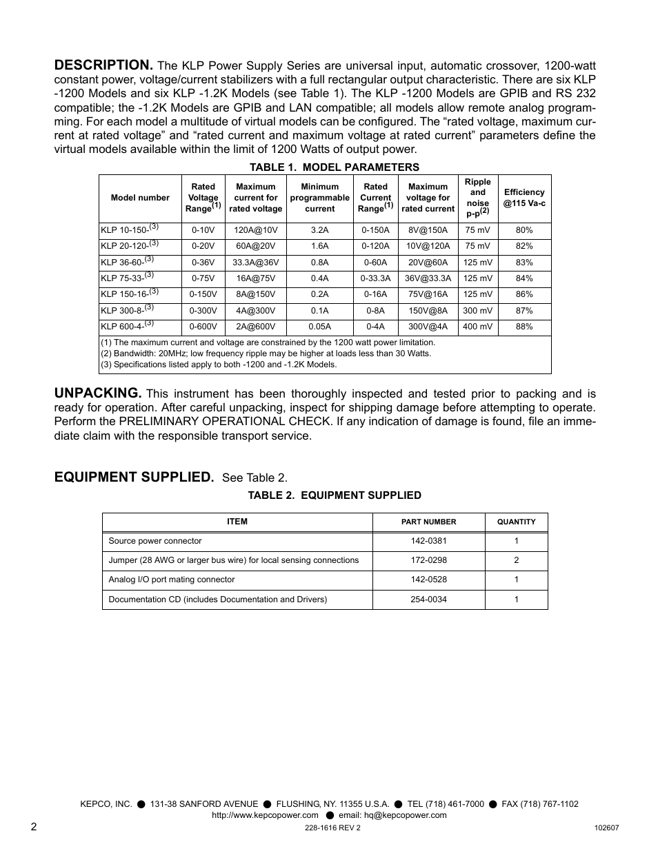 Description, Table 1. model parameters, Unpacking | Equipment supplied, Table 2. equipment supplied, Unpacking equipment supplied, See t able 2 | KEPCO KLP Series Quick Start Guide, P/N 228-1616, Rev 2 User Manual | Page 2 / 16