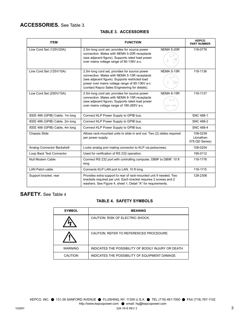 Accessories, Table 3. accessories, Safety | Table 4. safety symbols, Accessories safety, See tabl e 3, See table | KEPCO KLP Series Quick Start Guide, P/N 228-1616, Rev 2 User Manual | Page 3 / 16
