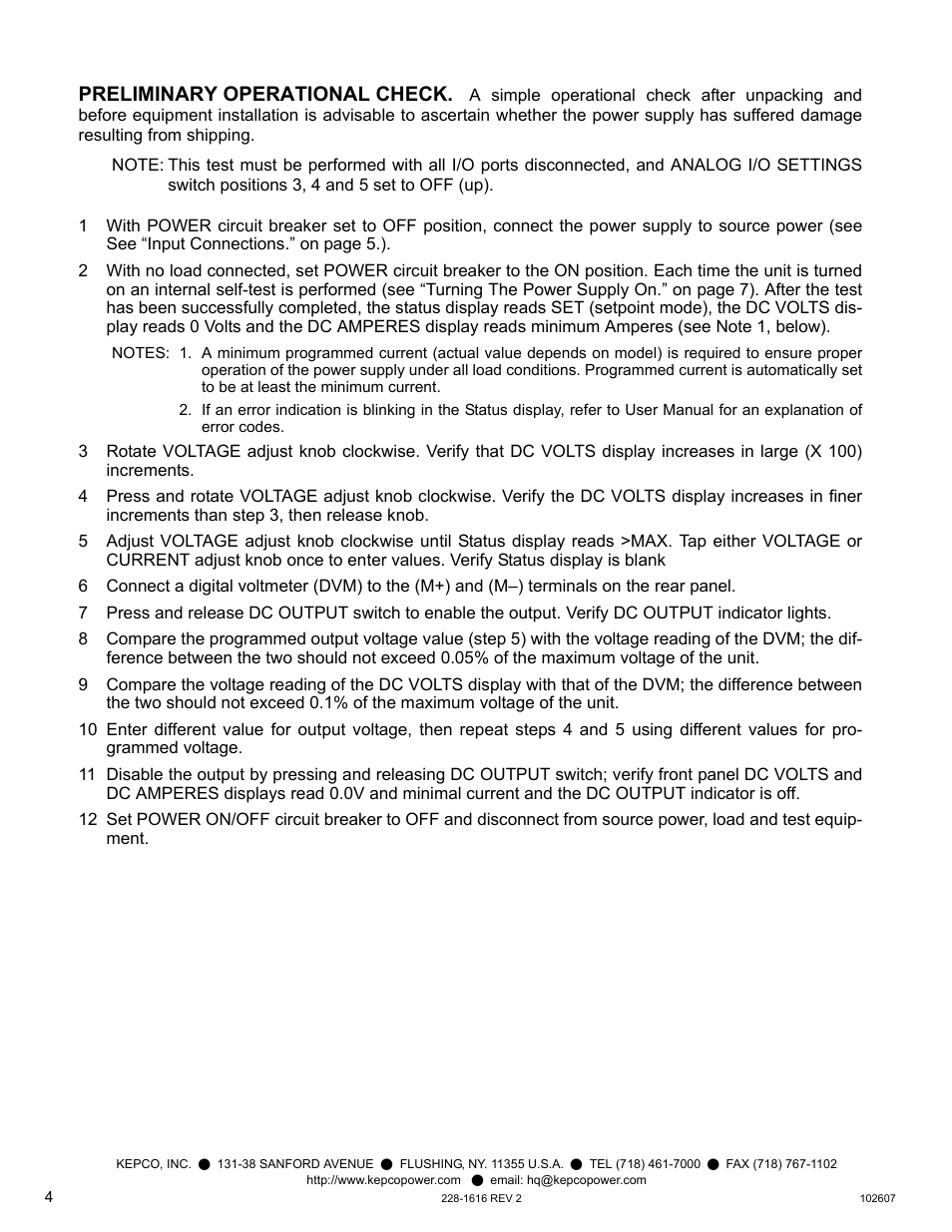 Preliminary operational check | KEPCO KLP Series Quick Start Guide, P/N 228-1616, Rev 2 User Manual | Page 4 / 16