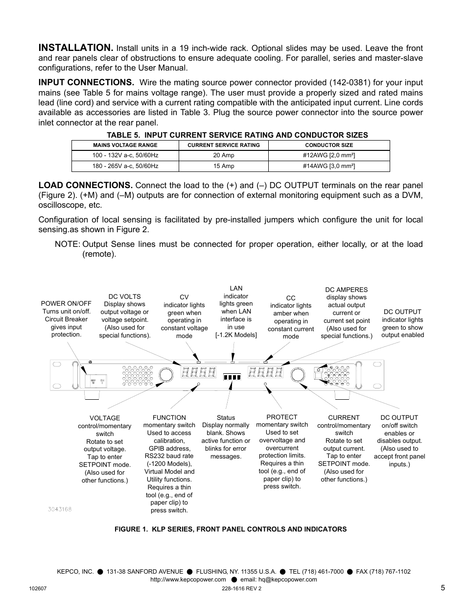 Installation, Input connections, Load connections | Input connections load connections | KEPCO KLP Series Quick Start Guide, P/N 228-1616, Rev 2 User Manual | Page 5 / 16