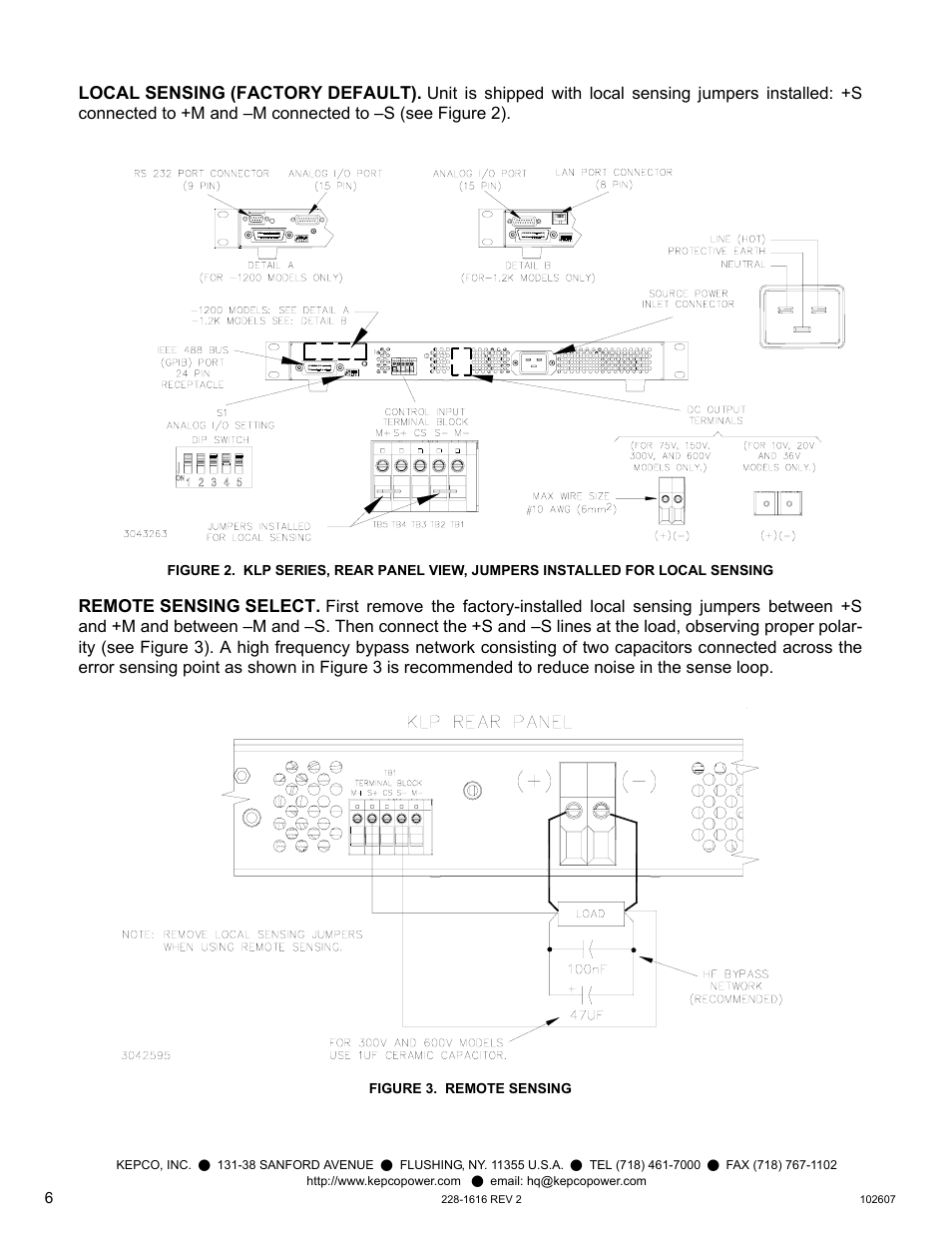Local sensing (factory default), Remote sensing select, Figure 3. remote sensing | Figure 2) | KEPCO KLP Series Quick Start Guide, P/N 228-1616, Rev 2 User Manual | Page 6 / 16