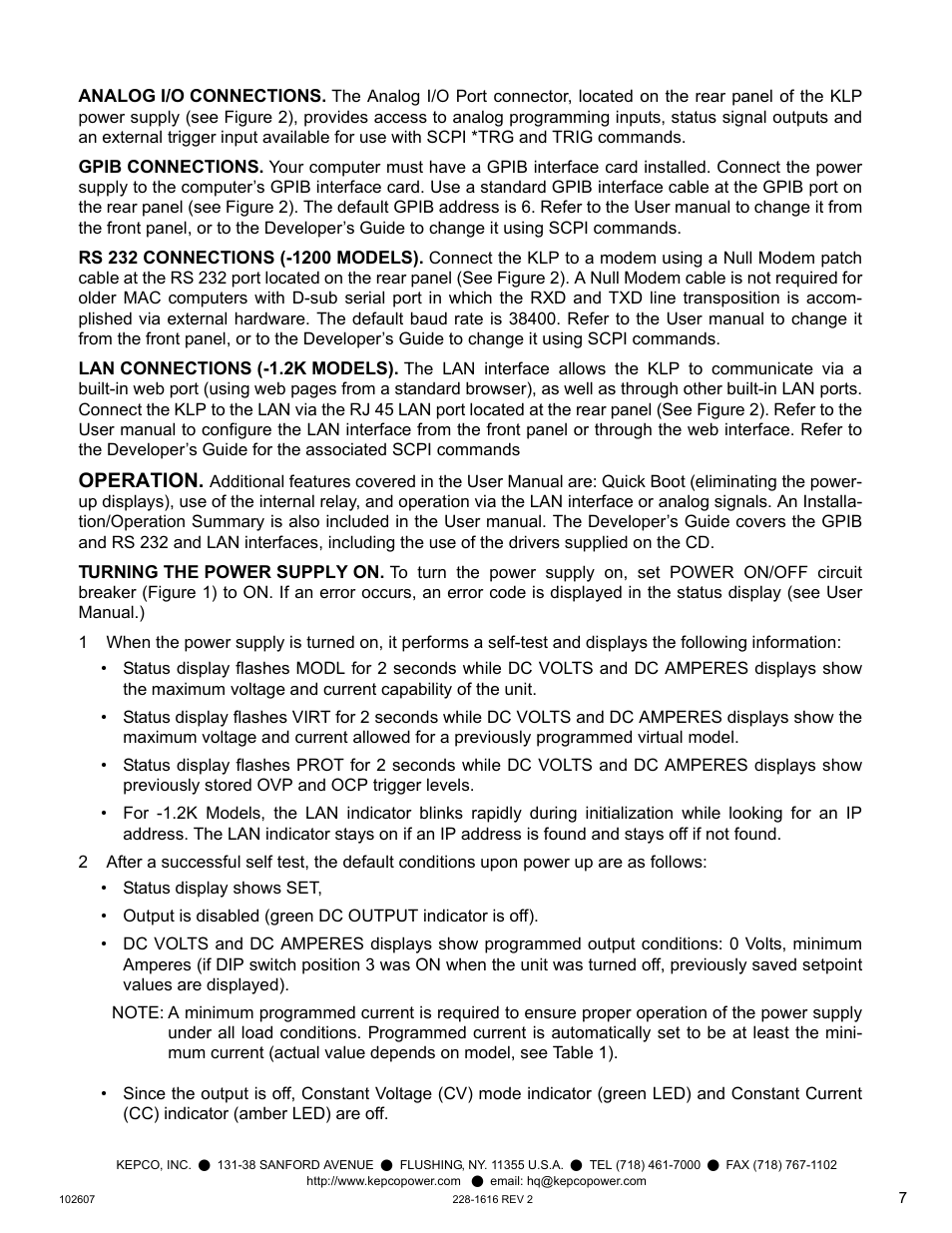 Analog i/o connections, Gpib connections, Rs 232 connections (-1200 models) | Lan connections (-1.2k models), Operation, Turning the power supply on | KEPCO KLP Series Quick Start Guide, P/N 228-1616, Rev 2 User Manual | Page 7 / 16