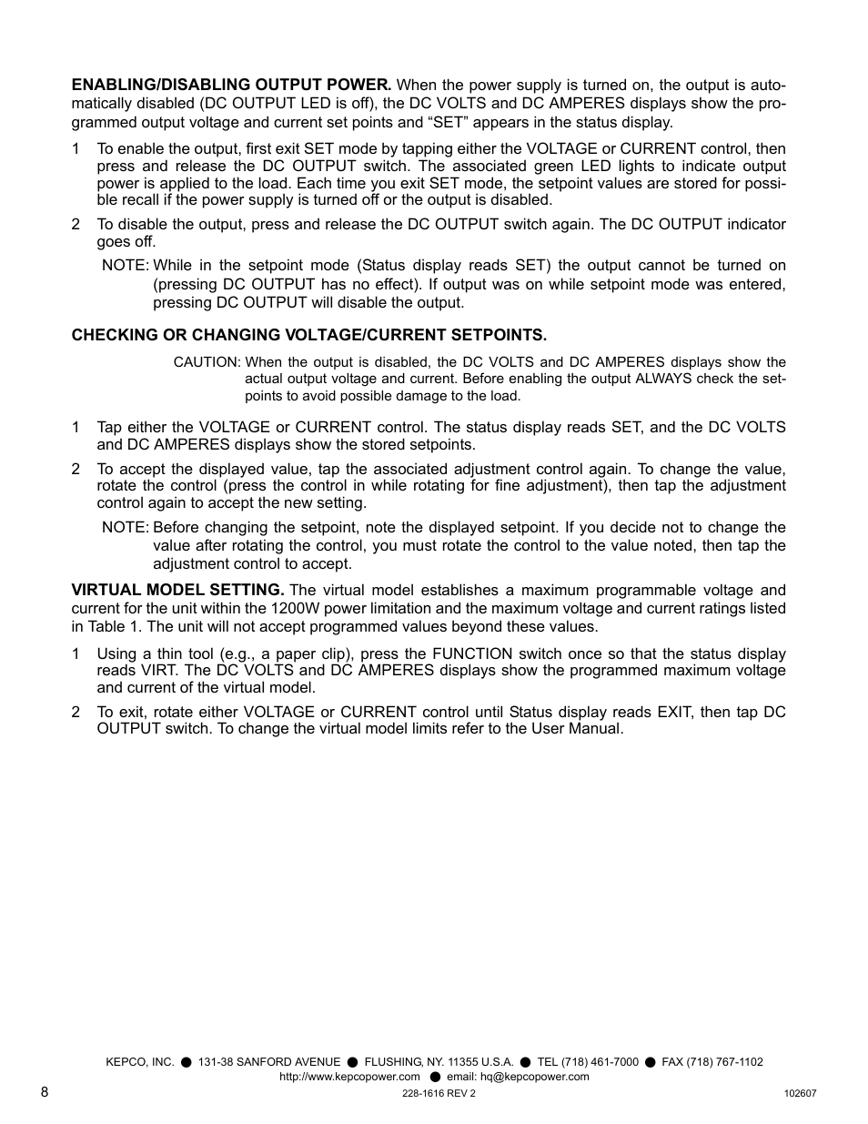 Enabling/disabling output power, Checking or changing voltage/current setpoints, Virtual model setting | KEPCO KLP Series Quick Start Guide, P/N 228-1616, Rev 2 User Manual | Page 8 / 16