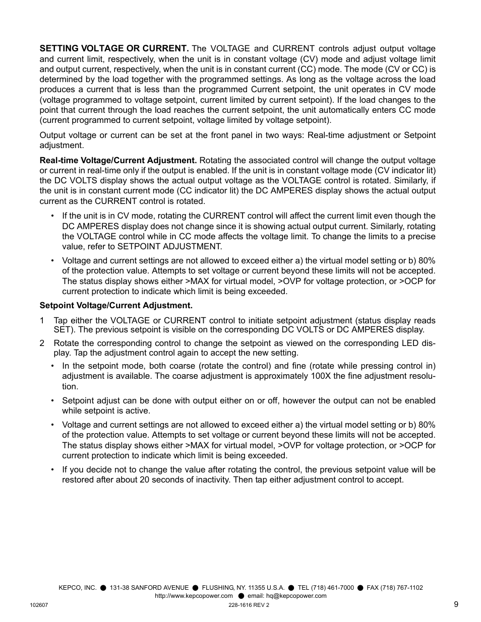 Setting voltage or current, Real-time voltage/current adjustment, Setpoint voltage/current adjustment | KEPCO KLP Series Quick Start Guide, P/N 228-1616, Rev 2 User Manual | Page 9 / 16