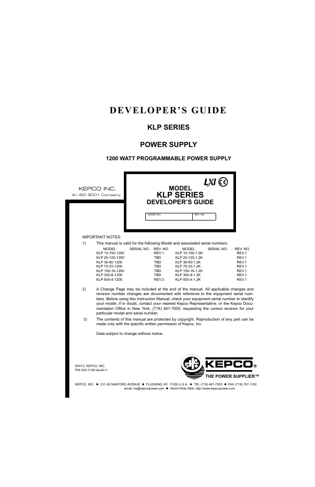 KEPCO KLP Series Developer's Guide, Rev 1 User Manual | 132 pages