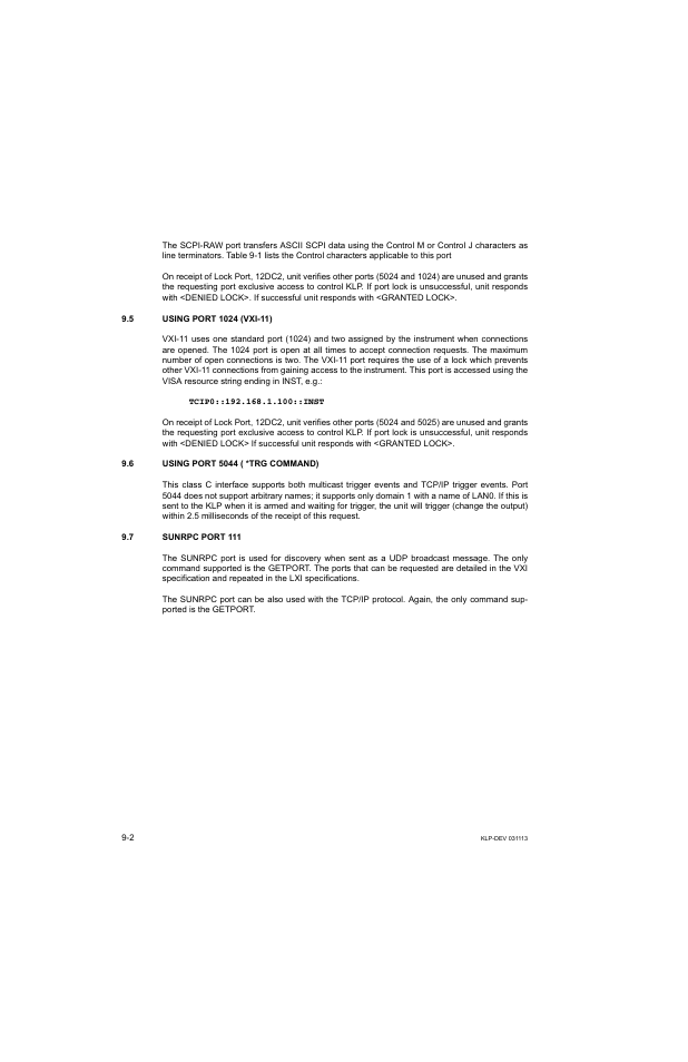 5 using port 1024 (vxi-11), 6 using port 5044 ( *trg command), 7 sunrpc port 111 | KEPCO KLP Series Developer's Guide, Rev 1 User Manual | Page 100 / 132