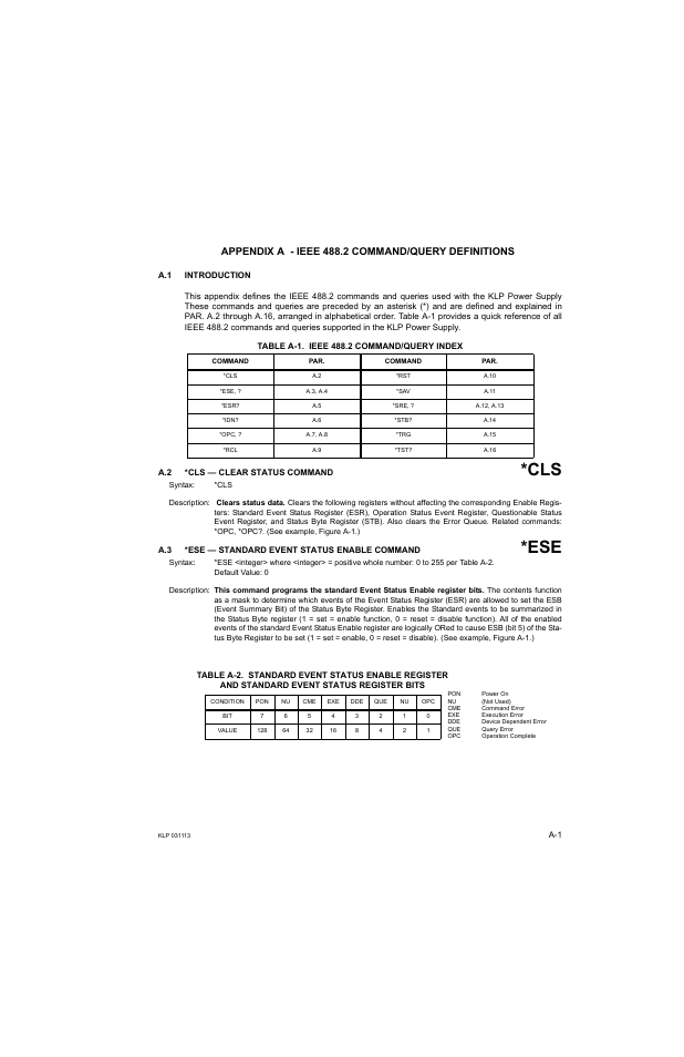 Appendix a - ieee 488.2 command/query definitions, A.1 introduction, Table a-1. ieee 488.2 command/query index | A.2 *cls — clear status command, A.3 *ese — standard event status enable command, Ported (see appendix a), A.3) | KEPCO KLP Series Developer's Guide, Rev 1 User Manual | Page 101 / 132