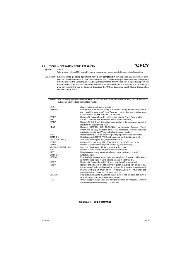 A.8 *opc? — operation complete query, Figure a-1. gpib commands, Gure a-1.) | A-1.), Figure a-1.), Re a-1, Re a-1.) as an | KEPCO KLP Series Developer's Guide, Rev 1 User Manual | Page 103 / 132