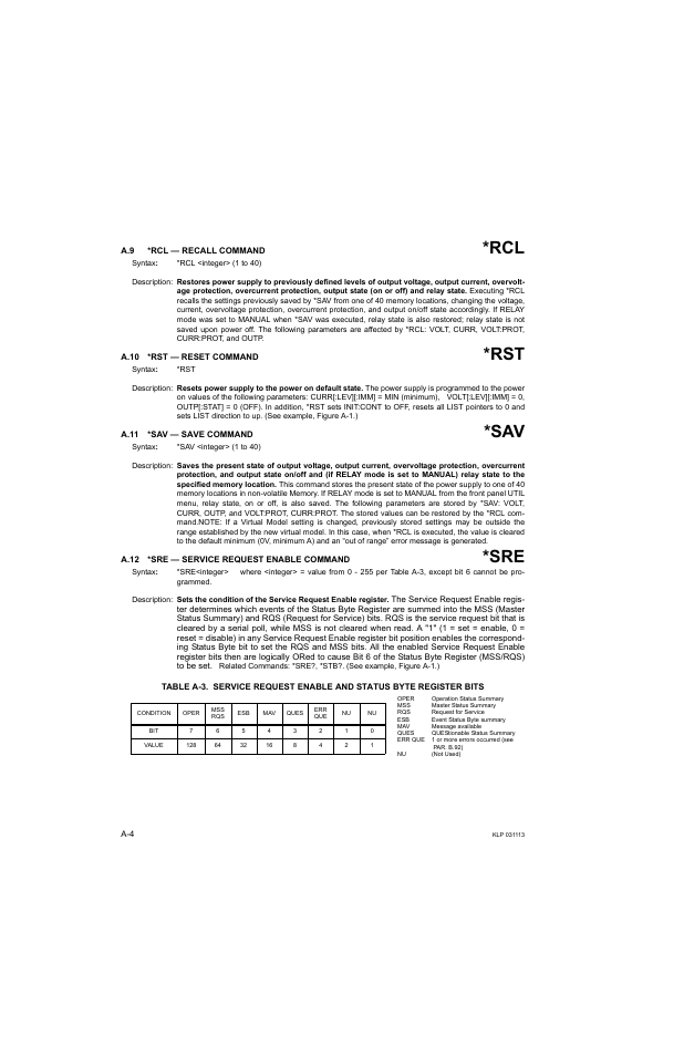 A.9 *rcl — recall command, A.10 *rst — reset command, A.11 *sav — save command | A.12 *sre — service request enable command, A.10, A.11, A.12, R. a.11 fo, A.9 for, Ar. a.12) | KEPCO KLP Series Developer's Guide, Rev 1 User Manual | Page 104 / 132