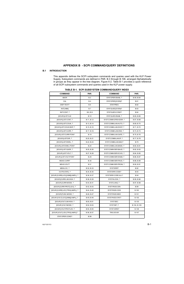Appendix b - scpi command/query definitions, B.1 introduction, Table b-1. scpi subsystem command/query index | Dix b | KEPCO KLP Series Developer's Guide, Rev 1 User Manual | Page 107 / 132