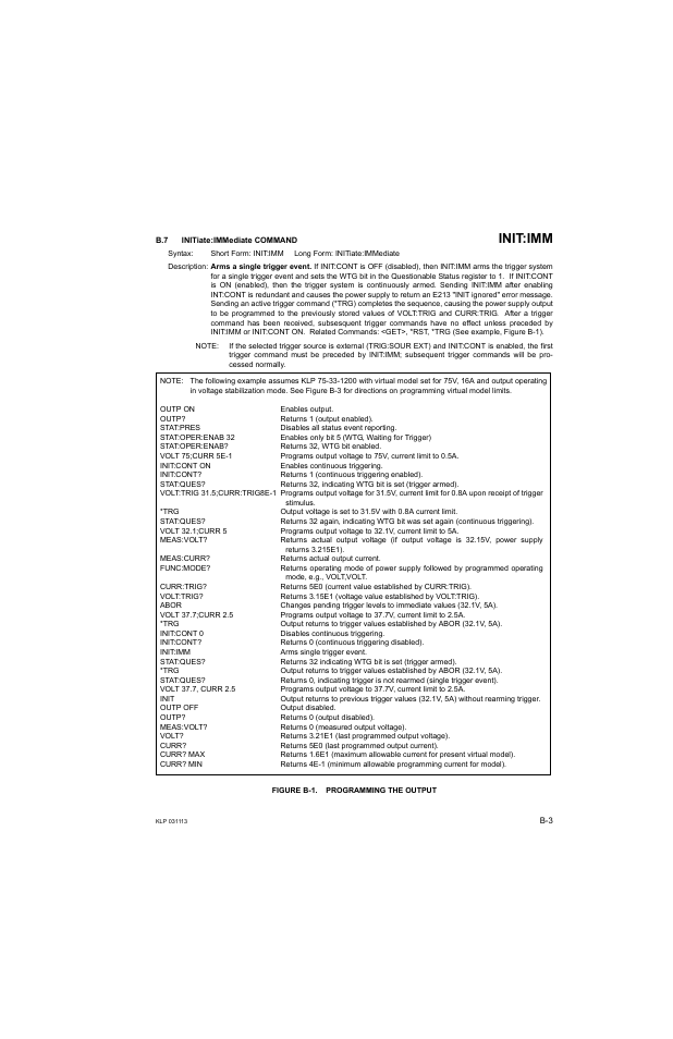 B.7 initiate:immediate command, Figure b-1. programming the output, Init | Init:imm | KEPCO KLP Series Developer's Guide, Rev 1 User Manual | Page 109 / 132
