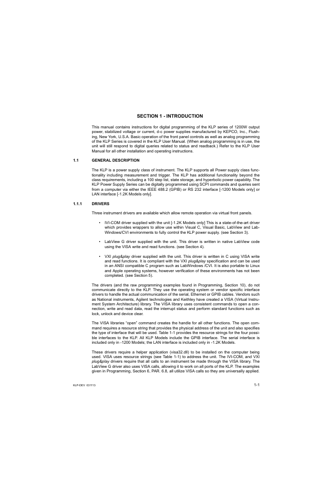 Section 1 - introduction, 1 general description, 1 drivers | General description -1, Drivers -1 | KEPCO KLP Series Developer's Guide, Rev 1 User Manual | Page 11 / 132