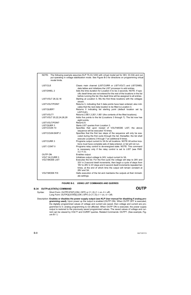 Figure b-2. using list commands and queries, B.34 output[:state] command, B.34 | Outp | KEPCO KLP Series Developer's Guide, Rev 1 User Manual | Page 114 / 132