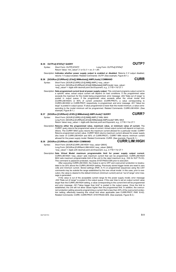 B.35 output[:state]? query, B.38 [source:]current:limit:high command, B.35 | Outp, B.36, Sour, B.37, B.38, B.36, b.37, B.38, b.3 | KEPCO KLP Series Developer's Guide, Rev 1 User Manual | Page 115 / 132