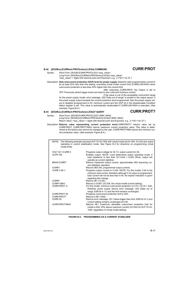 B.42 [source:]current:protection[:level] command, B.43 [source:]current:protection[:level]? query, Figure b-4. programming as a current stabilizer | B.42, Sour, B.43, B.42, b.43, Curr:prot | KEPCO KLP Series Developer's Guide, Rev 1 User Manual | Page 117 / 132