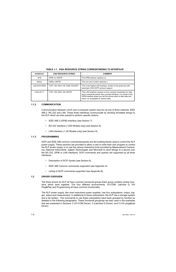 2 communication, 3 programming, 2 driver overview | Communication -2, Programming -2, Driver overview -2, Visa resource string corresponding to interface -2, Ble 1-1 provides the reso, E 1-1) to ad | KEPCO KLP Series Developer's Guide, Rev 1 User Manual | Page 12 / 132