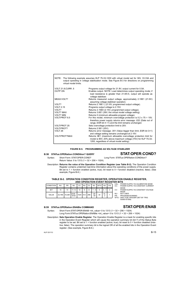 Figure b-5. programming as voltage stabilizer, B.58 status:operation:condition? query, B.59 status:operation:enable command | B.58, Stat, B.59, S b.58 th, B-5.), Stat:oper:cond, Stat:oper:enab | KEPCO KLP Series Developer's Guide, Rev 1 User Manual | Page 121 / 132