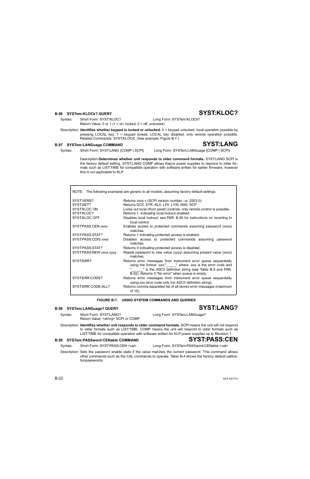 B.96 system:klock? query, B.97 system:language command, Figure b-7. using system commands and queries | B.98 system:language? query, B.99 system:password:cenable command, B.96, Syst, B.97, B.98, B.99 | KEPCO KLP Series Developer's Guide, Rev 1 User Manual | Page 128 / 132