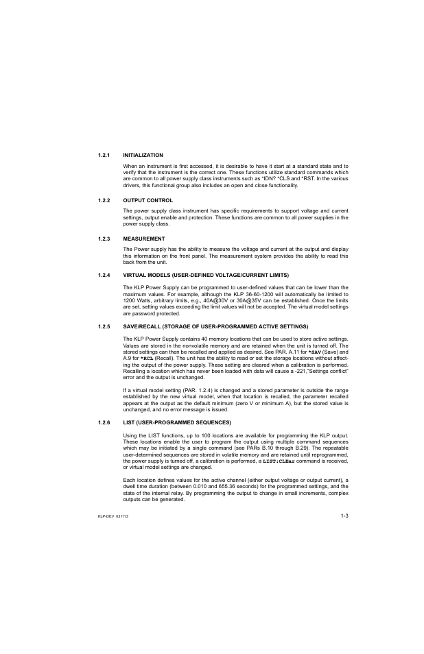 1 initialization, 2 output control, 3 measurement | 6 list (user-programmed sequences), Initialization -3, Output control -3, Measurement -3, List (user-programmed sequences) -3 | KEPCO KLP Series Developer's Guide, Rev 1 User Manual | Page 13 / 132