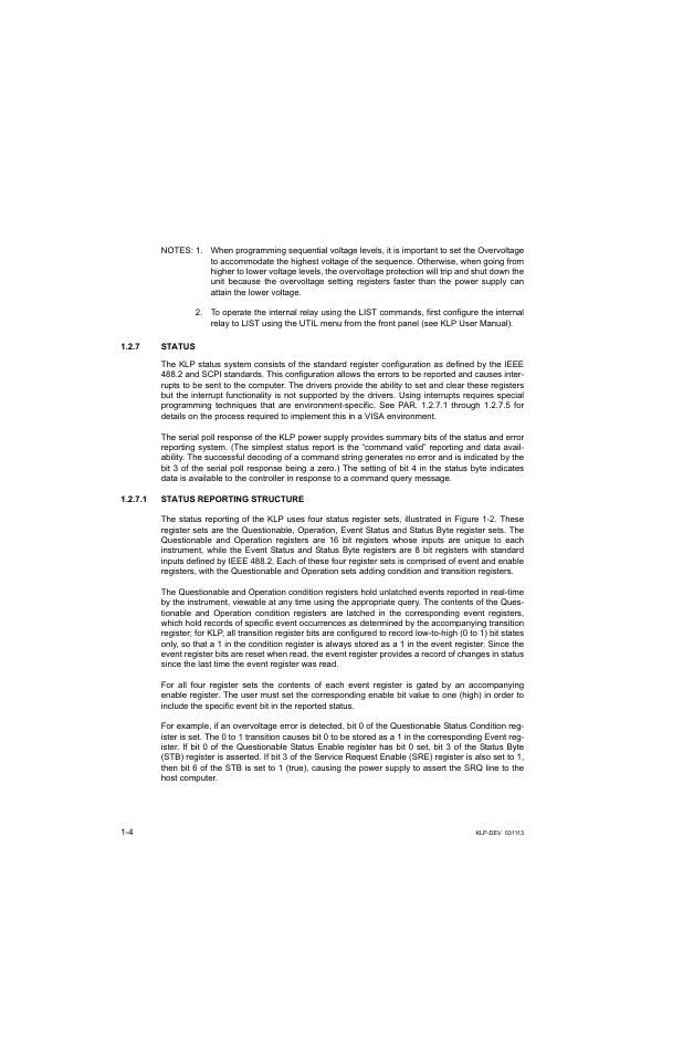 7 status, 1 status reporting structure, Status -4 | Status reporting structure -4 | KEPCO KLP Series Developer's Guide, Rev 1 User Manual | Page 14 / 132