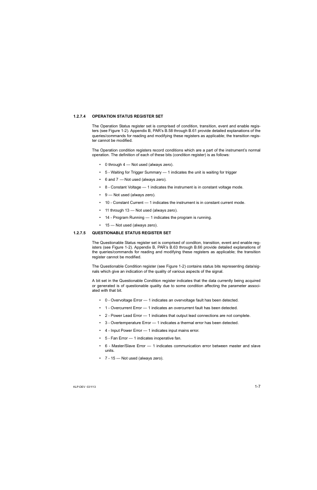 4 operation status register set, 5 questionable status register set, Operation status register set -7 | Questionable status register set -7 | KEPCO KLP Series Developer's Guide, Rev 1 User Manual | Page 17 / 132