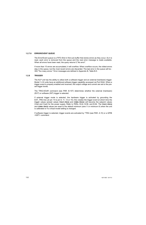 6 error/event queue, 8 trigger, Error/event queue -8 | Trigger -8 | KEPCO KLP Series Developer's Guide, Rev 1 User Manual | Page 18 / 132