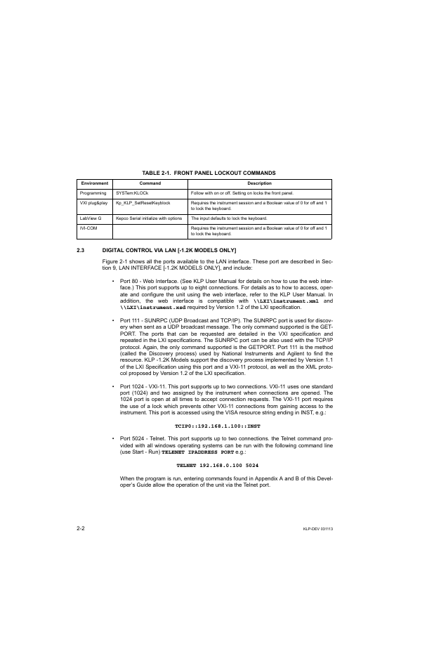 Table 2-1. front panel lockout commands, 3 digital control via lan [-1.2k models only, Digital control via lan [-1.2k models only] -2 | Front panel lockout commands -2 | KEPCO KLP Series Developer's Guide, Rev 1 User Manual | Page 20 / 132