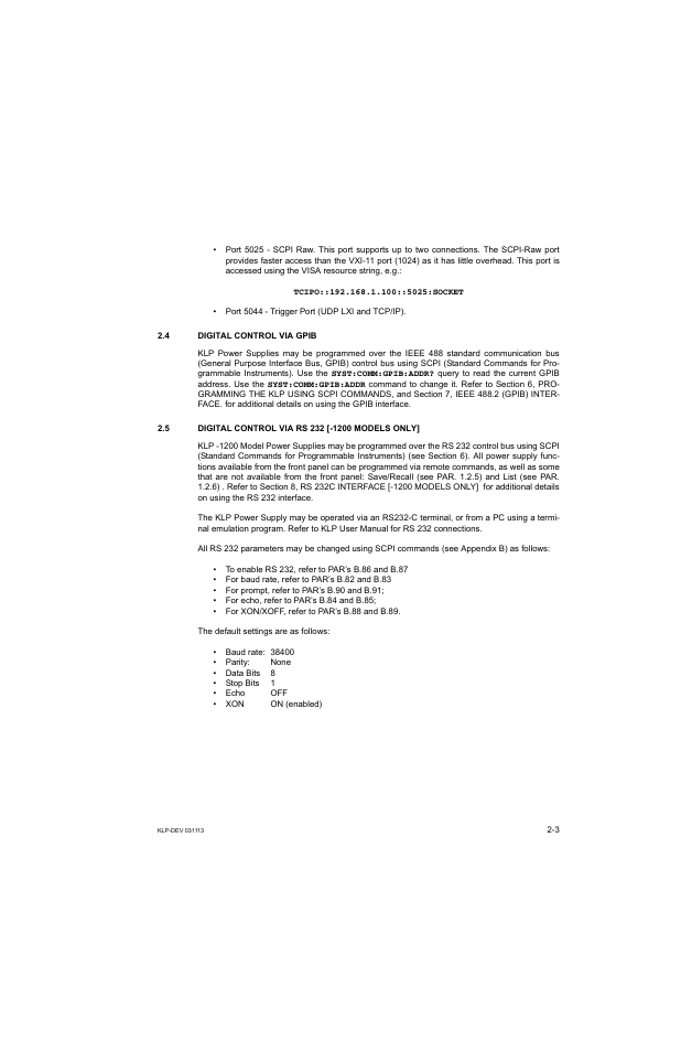 4 digital control via gpib, 5 digital control via rs 232 [-1200 models only, Digital control via gpib -3 | Digital control via rs 232 [-1200 models only] -3 | KEPCO KLP Series Developer's Guide, Rev 1 User Manual | Page 21 / 132