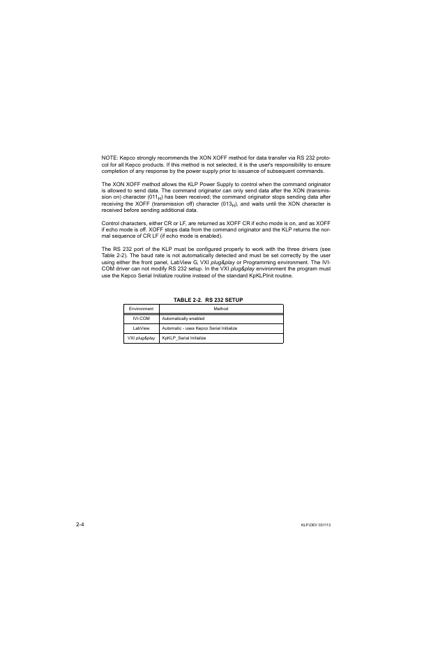 Table 2-2. rs 232 setup, Rs 232 setup -4 | KEPCO KLP Series Developer's Guide, Rev 1 User Manual | Page 22 / 132