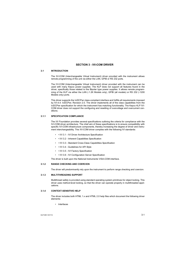 Section 3 - ivi-com driver, 1 introduction, 1 specification compliance | 2 range checking and coercion, 3 multithreading support, 4 context-sensitive help, Specification compliance -1, Range checking and coercion -1, Multithreading support -1, Context-sensitive help -1 | KEPCO KLP Series Developer's Guide, Rev 1 User Manual | Page 23 / 132