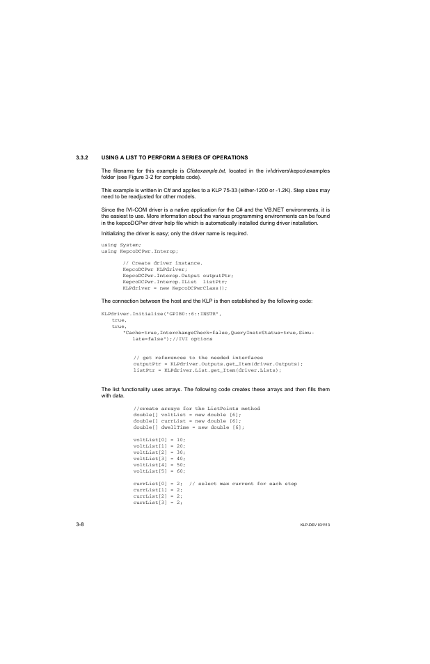 2 using a list to perform a series of operations, Using a list to perform a series of operations -8 | KEPCO KLP Series Developer's Guide, Rev 1 User Manual | Page 30 / 132