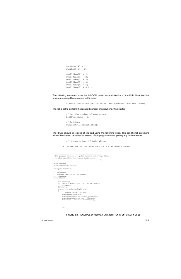 Figure 3-2. example of using a list, written in c, Example of using a list, written in c# -9 | KEPCO KLP Series Developer's Guide, Rev 1 User Manual | Page 31 / 132