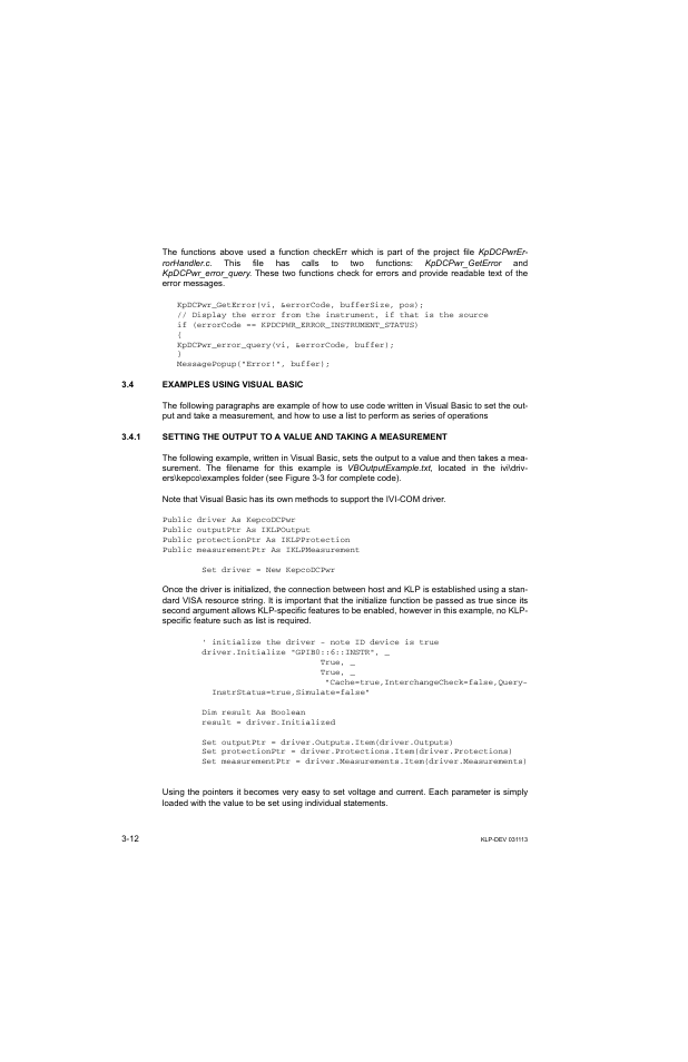 4 examples using visual basic, Examples using visual basic -12 | KEPCO KLP Series Developer's Guide, Rev 1 User Manual | Page 34 / 132