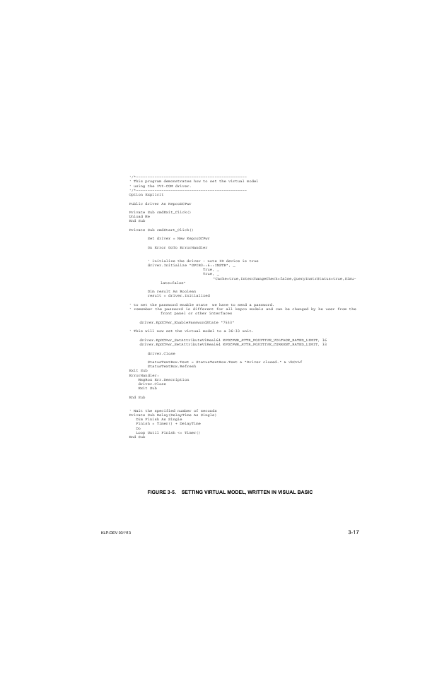 Setting virtual model, written in visual basic -17 | KEPCO KLP Series Developer's Guide, Rev 1 User Manual | Page 39 / 132