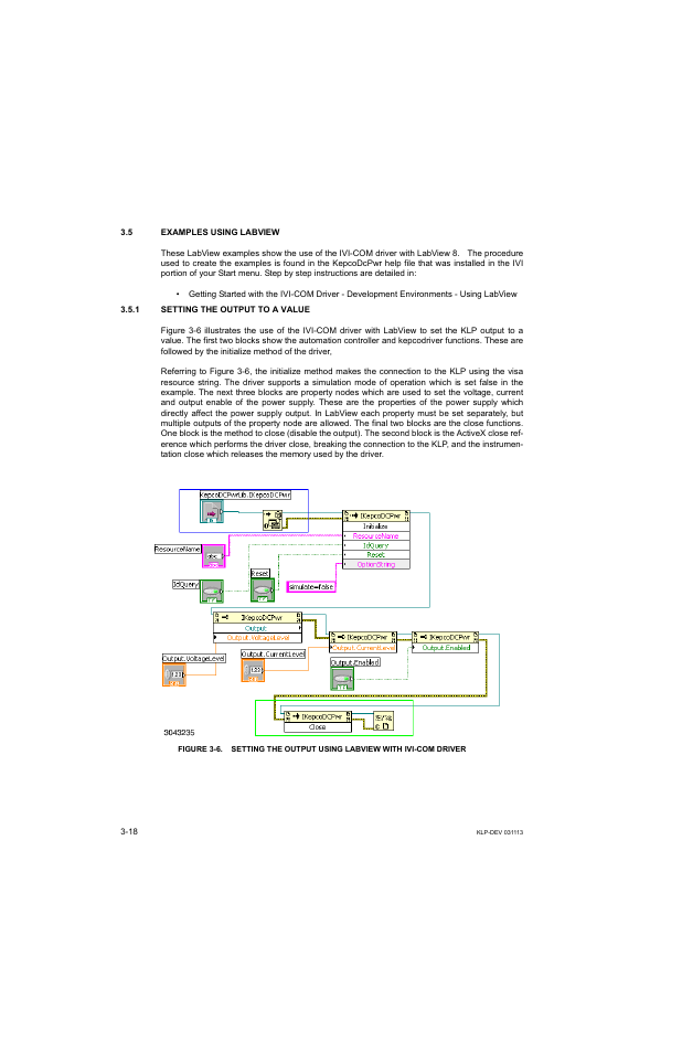 5 examples using labview, 1 setting the output to a value, Examples using labview -18 | Setting the output to a value -18 | KEPCO KLP Series Developer's Guide, Rev 1 User Manual | Page 40 / 132